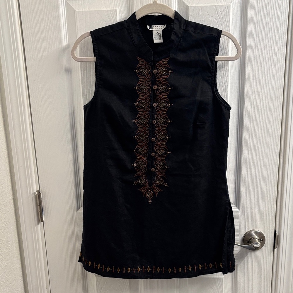 Women's CAROLE LITTLE Black Sleeveless Linen Embroidered Tunic/Top Size 8 - Picture 2 of 12